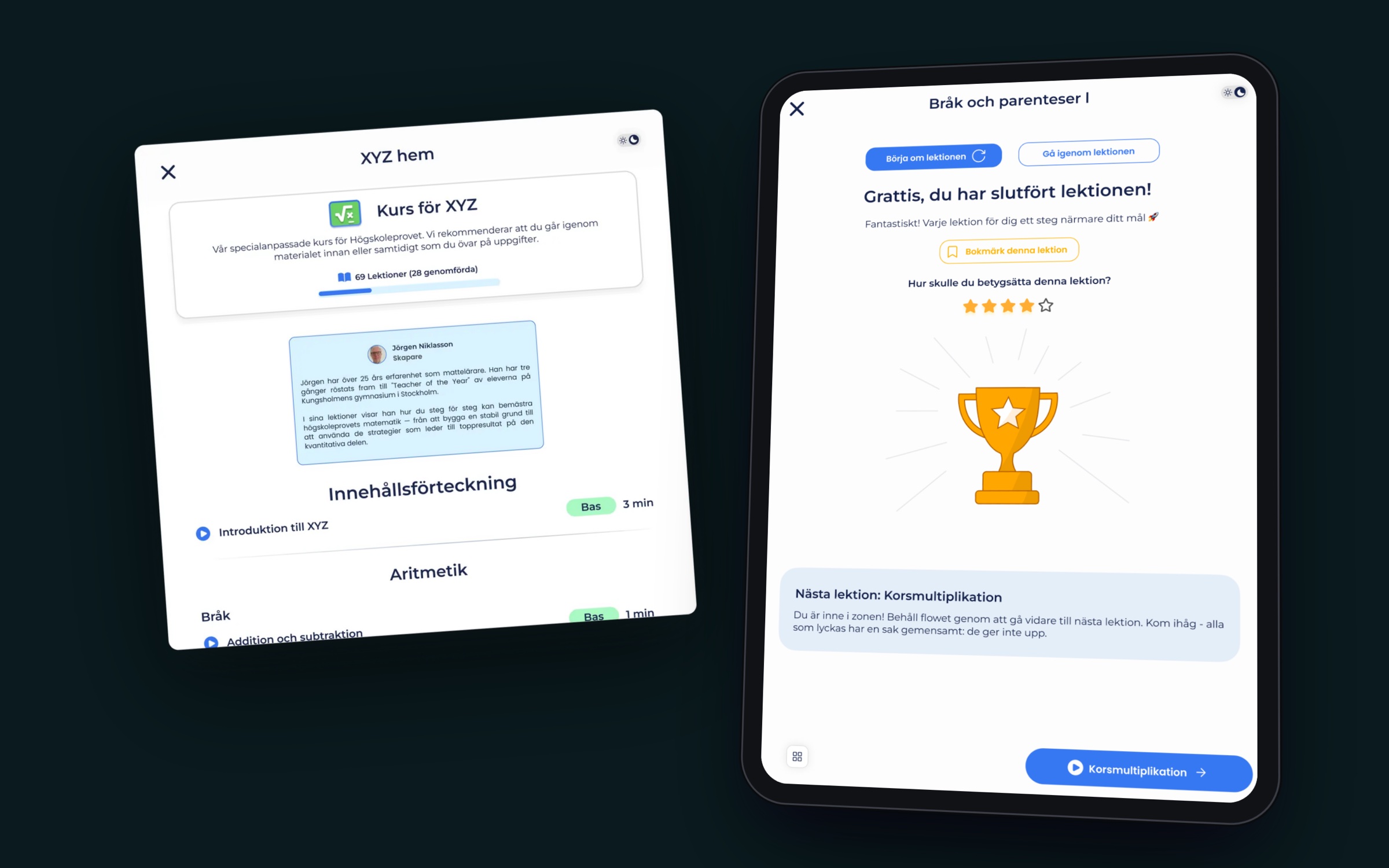 HP-appen course and lesson screens