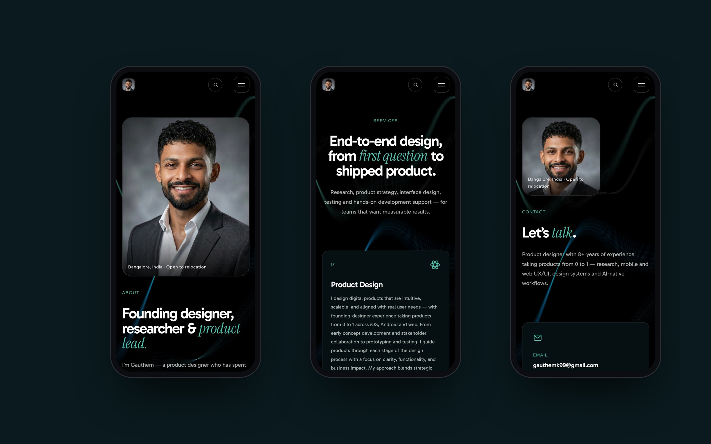 About, Services and Contact pages on phones